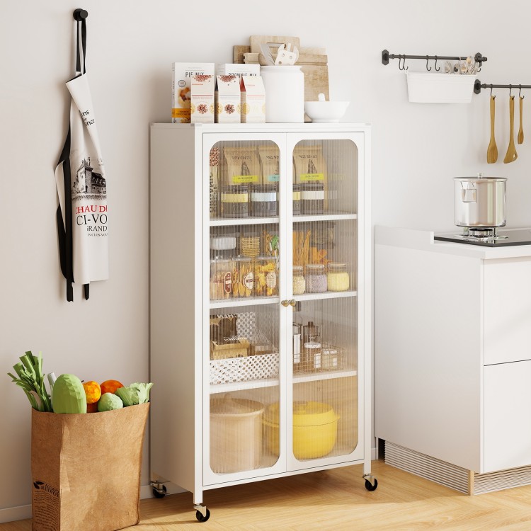 White 58-inch bookcase with adjustable shelves and lockable wheels, ideal for organized storage in kitchens or home.
