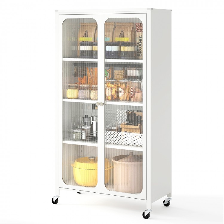 Four-tier white bookcase with adjustable shelves and lockable wheels, featuring transparent doors for easy item.