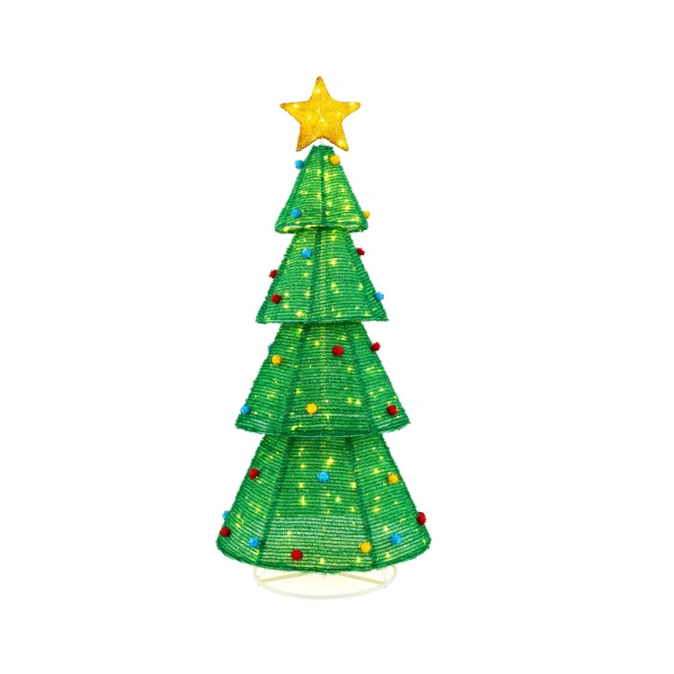 Collapsible Christmas tree with 200 LED lights, top star decoration, and colorful furry balls for festive decor.