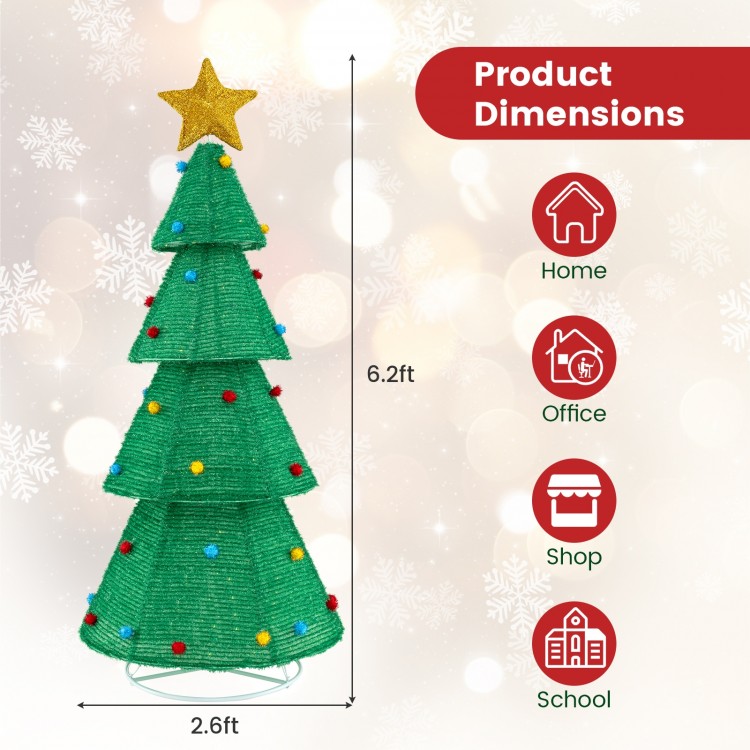 Collapsible 6.2ft Christmas tree with 200 LED lights, top star, and colorful decorations for festive indoor or outdoor.