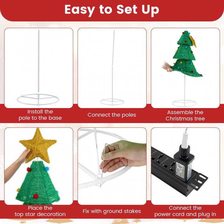 Collapsible 6.2 feet Christmas tree with 200 LED lights, top star decoration, and round metal base for stability.