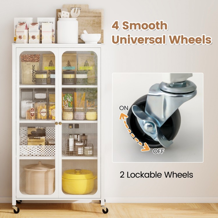 58-inch white bookcase with adjustable shelves and lockable wheels, featuring a transparent door for easy item.