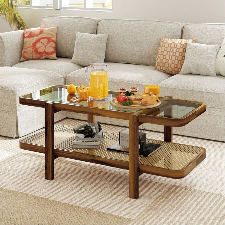 2-tier coffee table with tempered glass tabletop and acacia wood frame, perfect for organizing essentials in living.