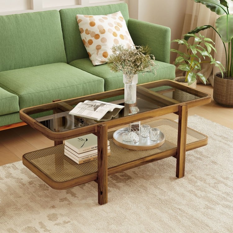 2-tier coffee table with a tempered glass tabletop and acacia wood frame, perfect for organizing essentials in any.