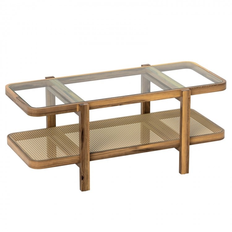 2-tier coffee table with tempered glass top and acacia wood frame, featuring a storage shelf for versatile home decor.