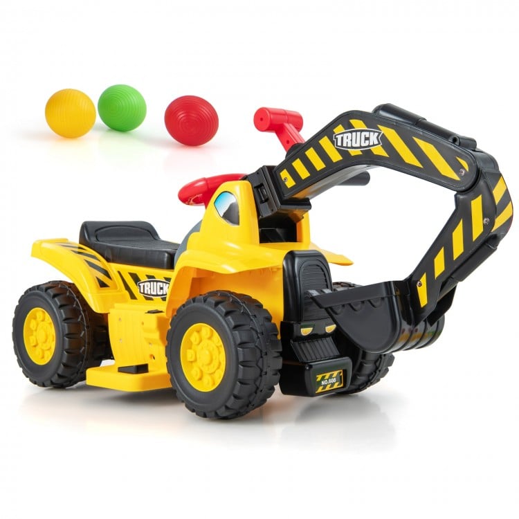 Kids ride-on excavator with folding basketball hoop, yellow design, arm lift handle, and realistic sounds for fun play.