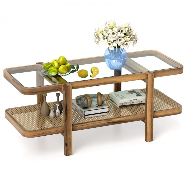 2-tier coffee table with a tempered glass top, solid acacia wood frame, and PE rattan shelf for stylish storage.
