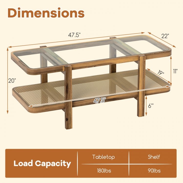 2-tier coffee table with tempered glass top and acacia wood frame, featuring a storage shelf for organization.