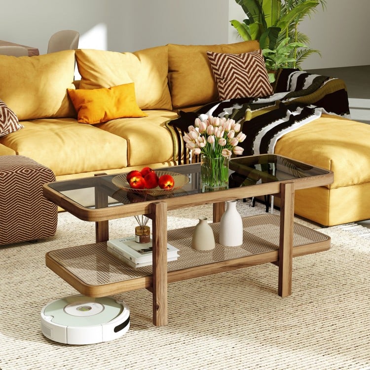 2-tier coffee table with tempered glass tabletop and acacia wood frame, perfect for organizing essentials in stylish.