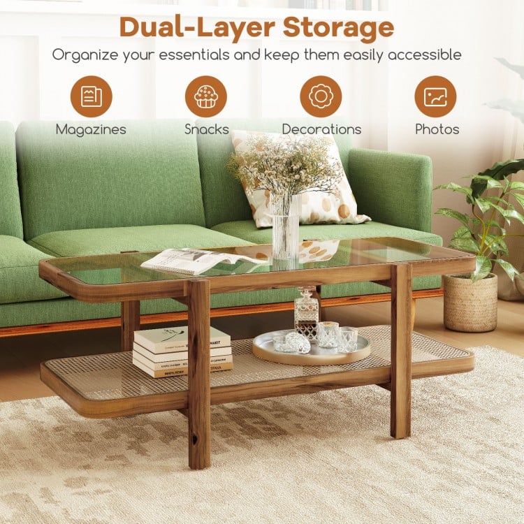 2-tier coffee table with tempered glass tabletop and acacia wood frame, ideal for organizing essentials in style.