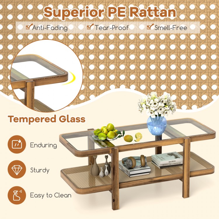 2-tier coffee table with a tempered glass top, sturdy acacia wood frame, and superior PE rattan for versatile storage.