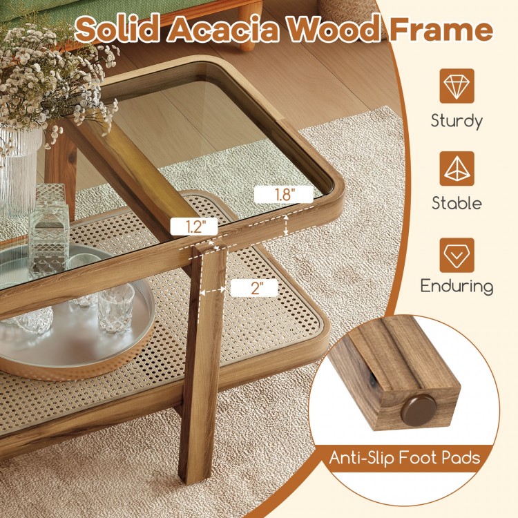 Solid acacia wood frame coffee table with tempered glass top, featuring anti-slip foot pads for floor protection.