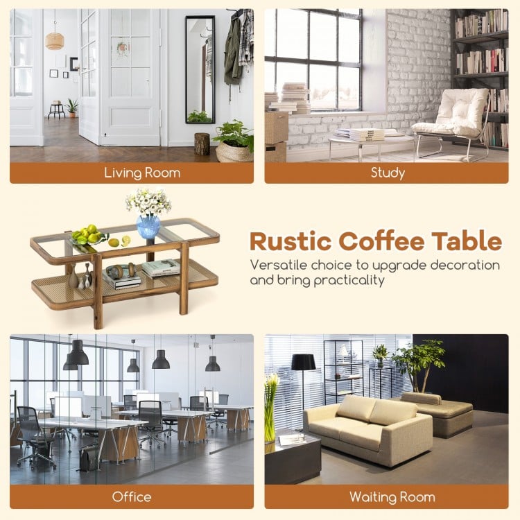 2-tier coffee table with tempered glass tabletop and acacia wood frame, ideal for living room or office organization.