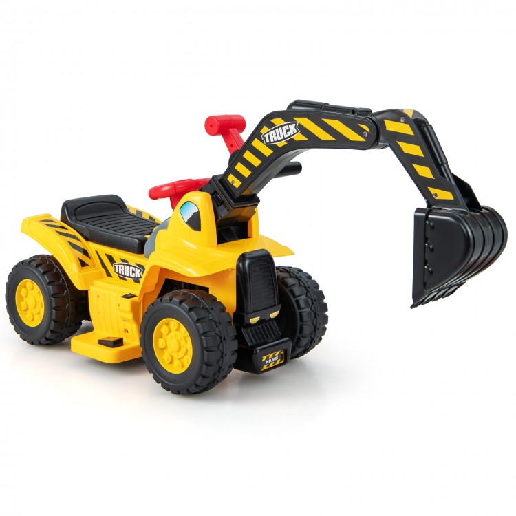 Kids ride-on excavator in yellow with adjustable arm, bucket control, and foldable basketball hoop for fun outdoor play.
