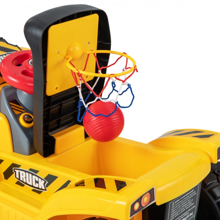 Kids ride-on excavator with a folding basketball hoop and ball, designed for fun and motor skill development.