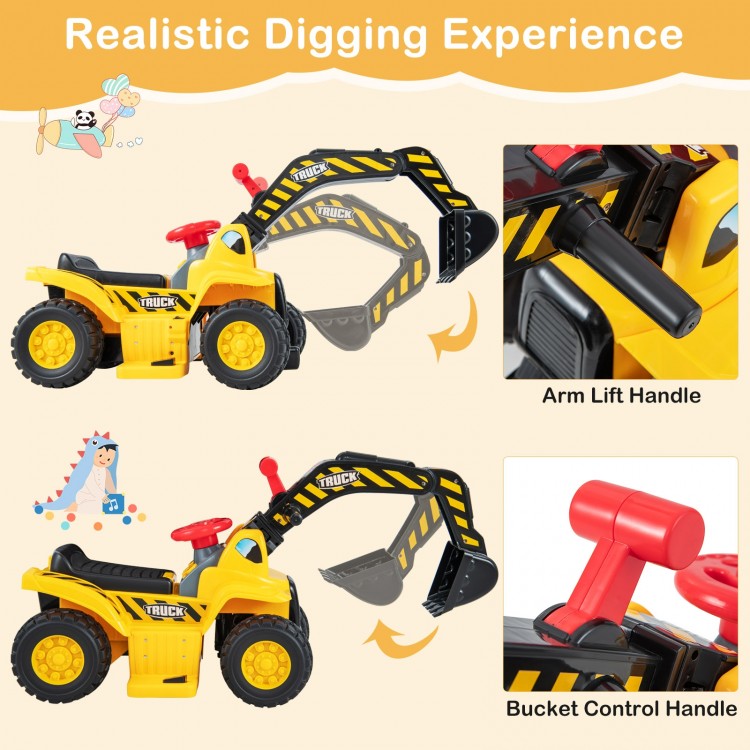 Kids ride-on excavator with arm lift and bucket control handles for a realistic digging experience and fun basketball.