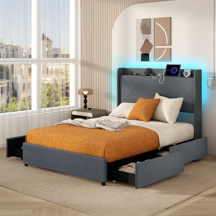 Full/Queen size bed frame with LED lights, upholstered headboard, and storage drawers for modern bedroom convenience.
