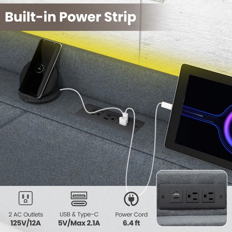 Built-in power strip with 2 AC outlets and USB ports on the Full/Queen size bed frame for convenient charging.