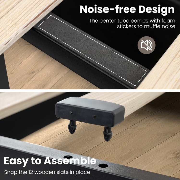 Detail of the noise-free design with foam stickers on the center tube of the Full/Queen size bed frame for quiet use.