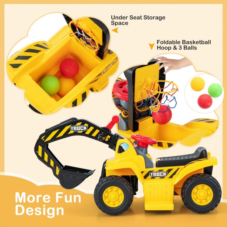 Kids ride-on excavator with folding basketball hoop, under-seat storage, and realistic digging features for fun.