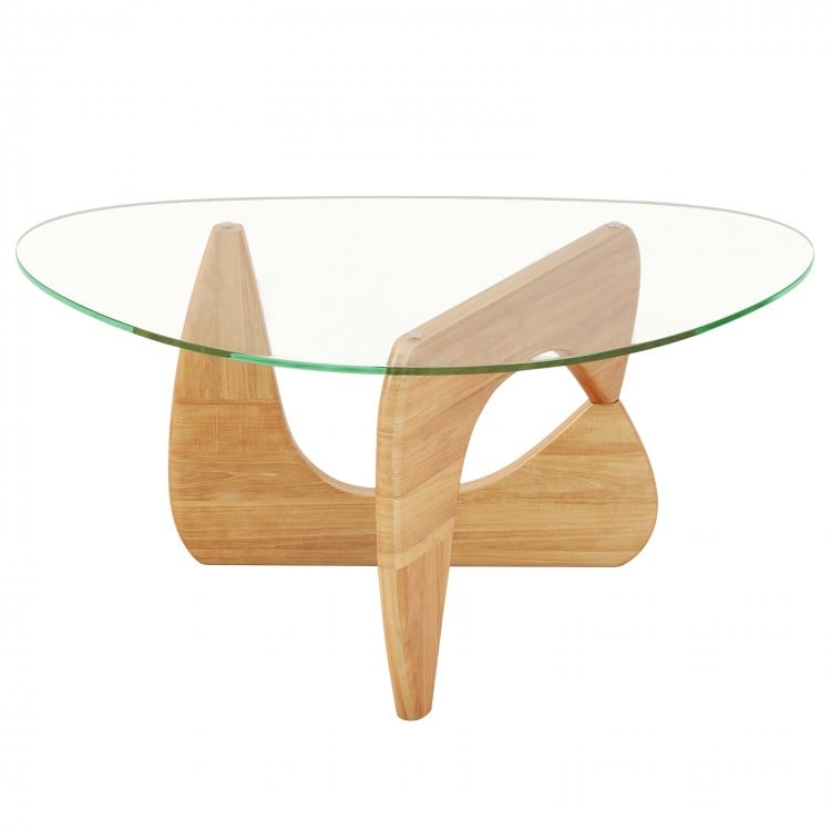 Triangle coffee table with tempered glass top and adjustable rubber wood base, ideal for living room or study use.