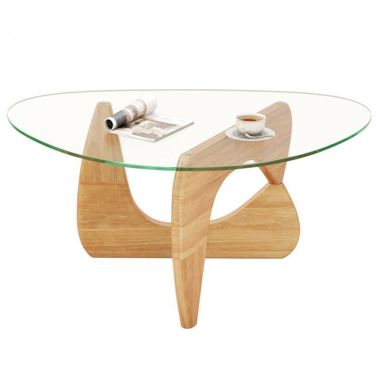 Triangle coffee table with a natural rubber wood base and tempered glass top, perfect for stylish and functional living.