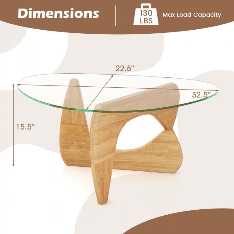 Triangle coffee table with tempered glass top and adjustable rubber wood base, showcasing dimensions for versatile.