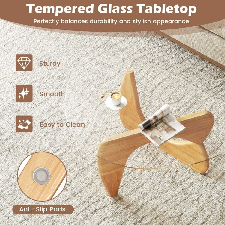 Triangle coffee table with tempered glass top and adjustable rubber wood base, featuring anti-slip pads for stability.