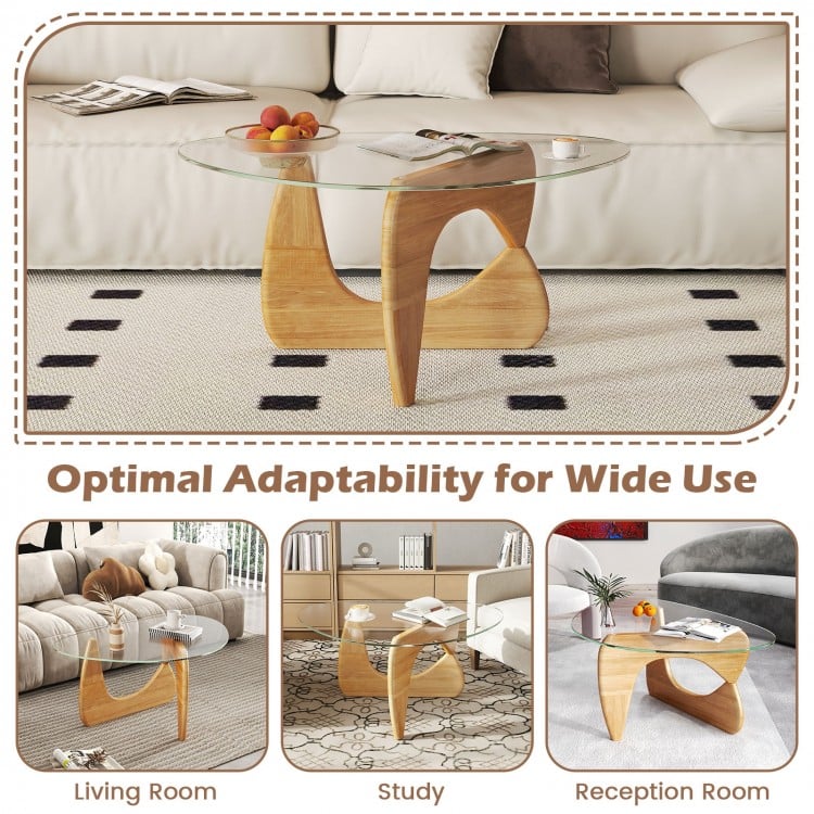 Triangle coffee table with tempered glass top and adjustable rubber wood base, showcasing a stylish design for.