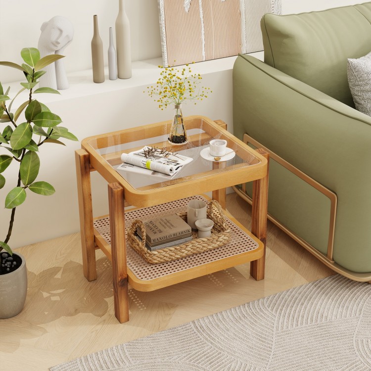 Rattan 2-tier end side table with tempered glass top and acacia wood legs, perfect for small spaces and stylish storage.