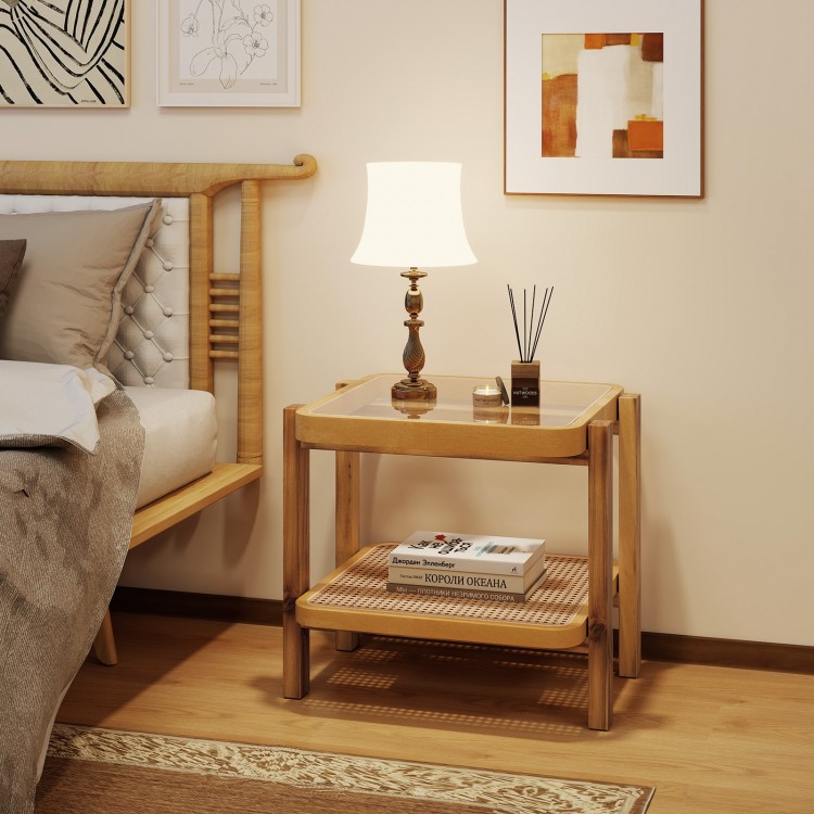 Rattan 2-tier end side table with tempered glass top and acacia wood legs, perfect for bedside or living room storage.