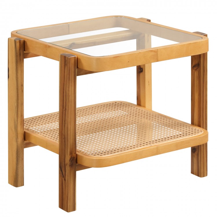 Rattan 2-tier end side table showcasing a removable tempered glass top and elegant bottom rattan shelf for stylish.