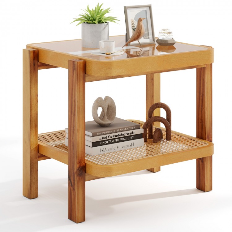 Rattan 2-tier end side table featuring an elegant bottom rattan shelf and sturdy acacia wood legs for versatile home.
