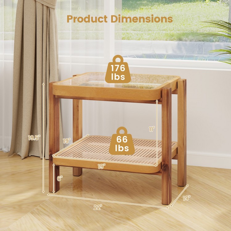 Rattan 2-tier end side table with tempered glass top and acacia wood legs, featuring dimensions for compact spaces.