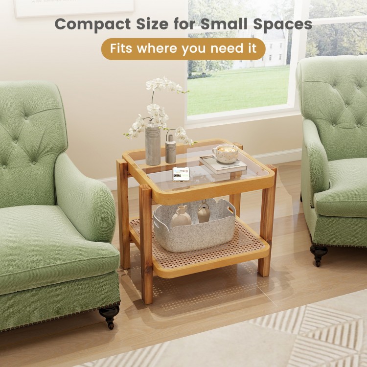 Compact Rattan 2-Tier End Side Table with tempered glass top and acacia wood legs, perfect for small spaces.