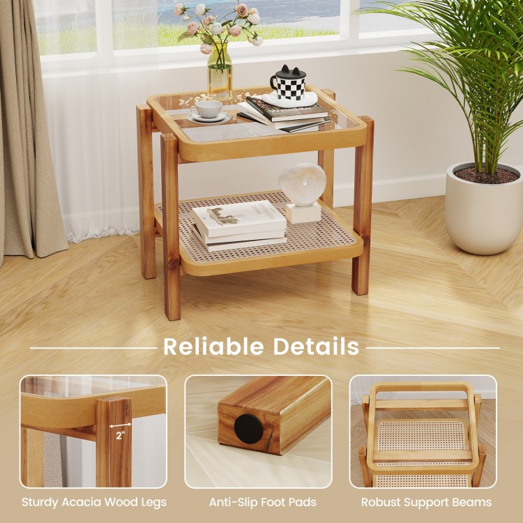 2-tier end side table with tempered glass top, sturdy acacia wood legs, and rattan shelf for versatile home use.