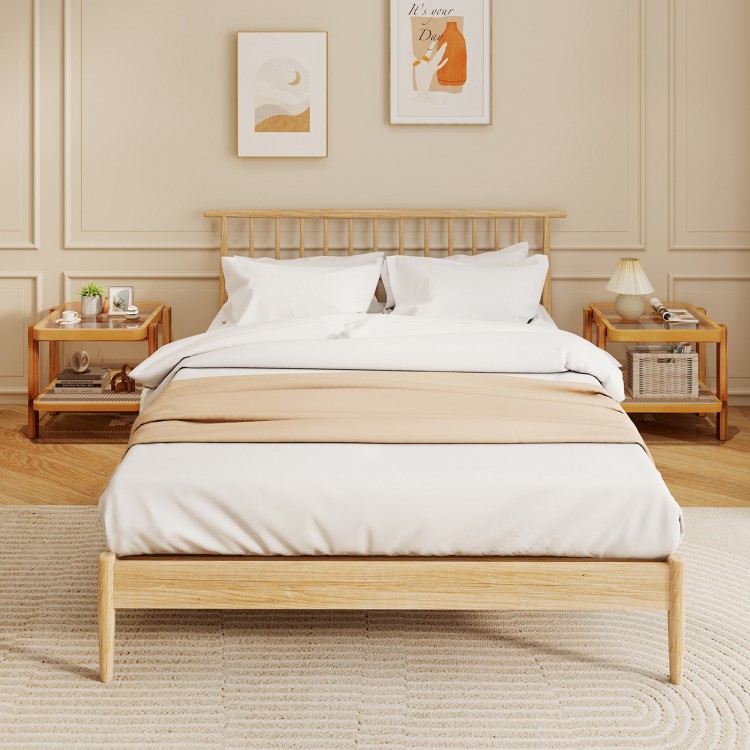 Rattan 2-tier end side table with tempered glass top and acacia wood legs, perfect for bedside or small spaces.