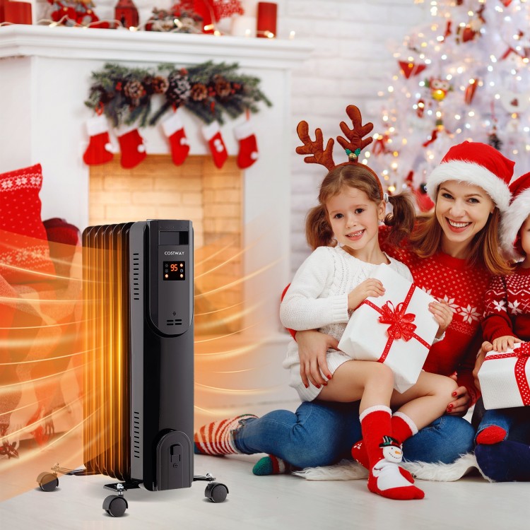 Oil filled radiator heater in black with adjustable thermostat, remote control, and LED display for cozy winter warmth.
