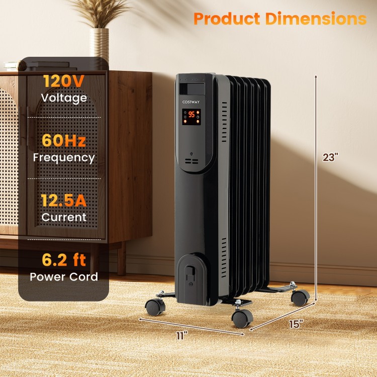 Oil filled radiator heater in black with adjustable thermostat, dimensions 23" x 15" x 11", ideal for up to 300 sq.ft.