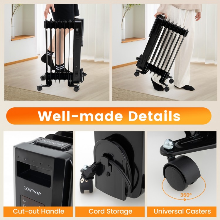 Cut-out handle and universal casters of the black oil filled radiator heater for easy mobility and storage convenience.