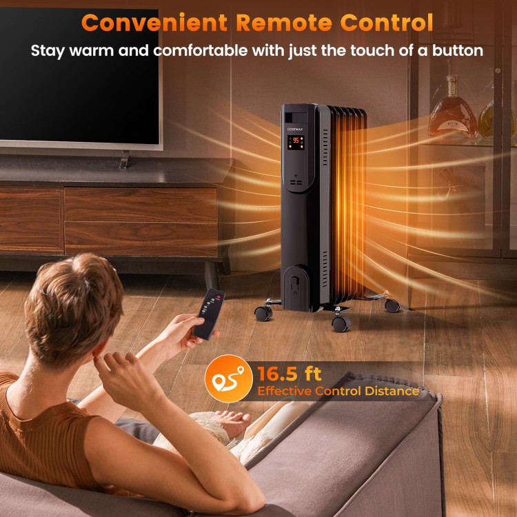 Oil filled radiator heater in black with remote control, adjustable thermostat, and LED display for up to 300 sq.ft.