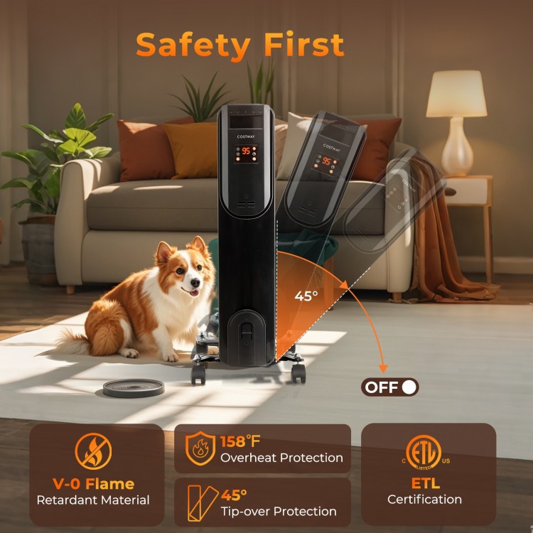 Oil filled radiator heater in black with adjustable thermostat, remote control, and safety features for cozy warmth.