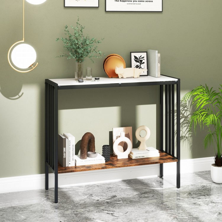 36-inch industrial console table with sintered stone top and 2-tier storage, perfect for entryway or living room use.