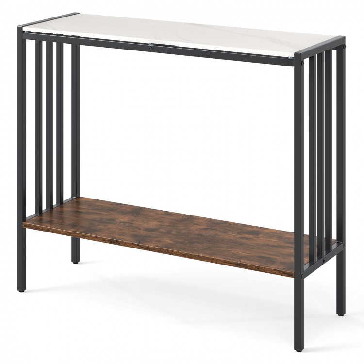 36-inch console table with a sintered stone top and a rustic brown lower shelf, ideal for entryways and living rooms.