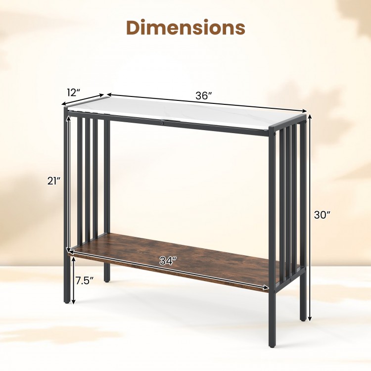 Dimensions of the 36-inch console table with waterproof sintered stone top and metal frame, suitable for entryways.