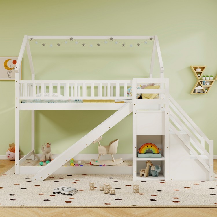 Twin over twin bunk bed in white with slide and staircase, featuring decorative house-shaped frame and ample storage.