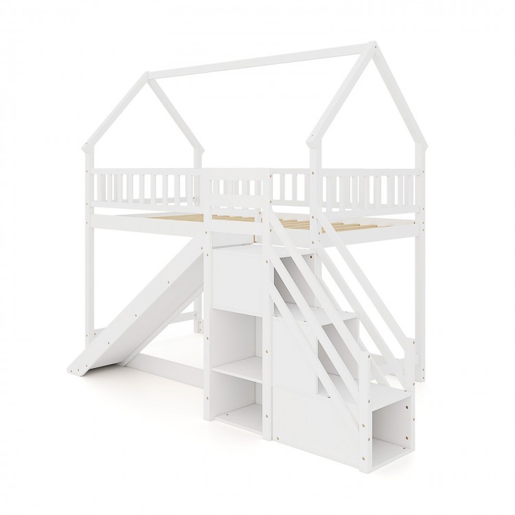 Twin over twin bunk bed in white with slide, staircase, and storage compartments for kids' playroom or bedroom.