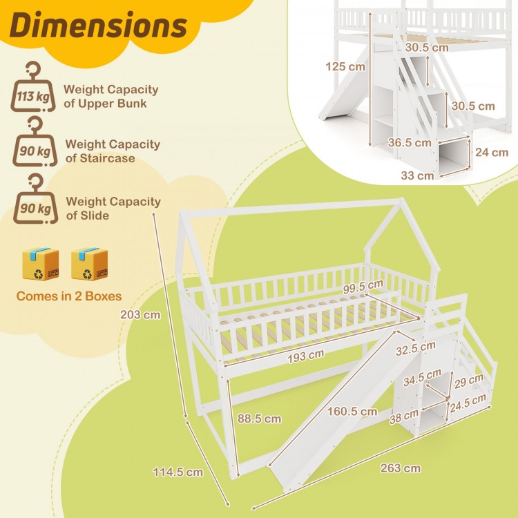 Twin over twin bunk bed with slide and staircase, featuring a decorative house-shaped frame and ample storage.