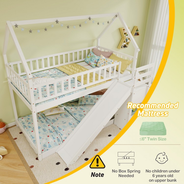 Twin over twin bunk bed in white with slide and staircase, featuring a decorative house-shaped frame and storage.