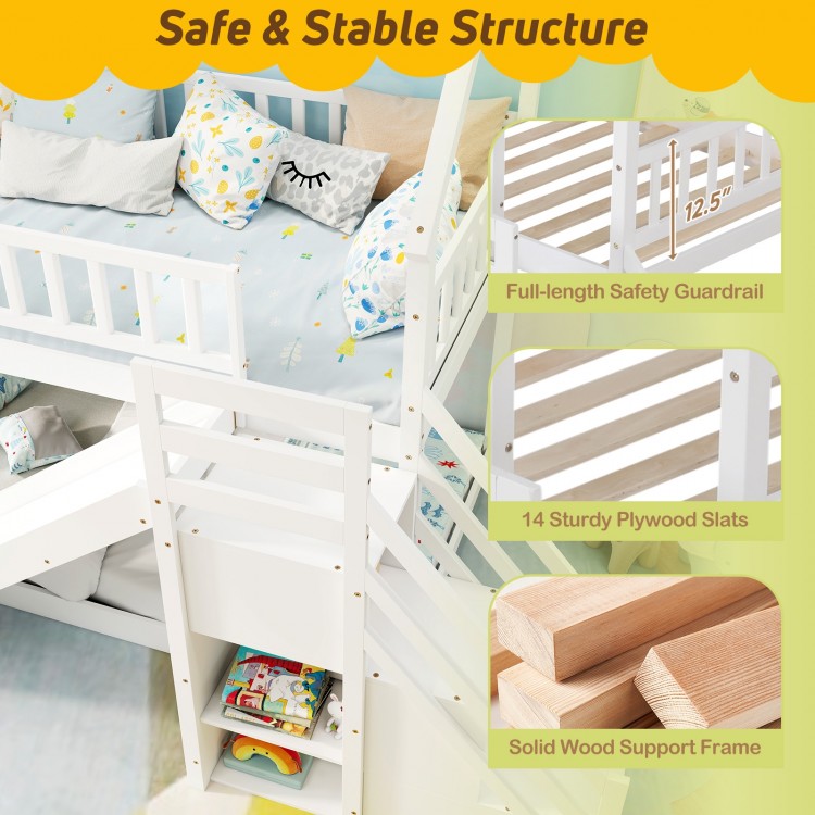 Twin over twin bunk bed with slide and staircase, featuring a solid wood frame and full-length safety guardrail for.